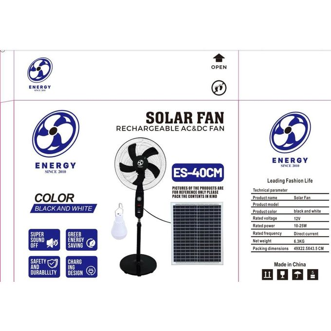 Energy 20"Inch Rechargeable Fan+ FREE Solar Panel AND 2-Bulb USB OUTPUT FREE GIFT INSDE